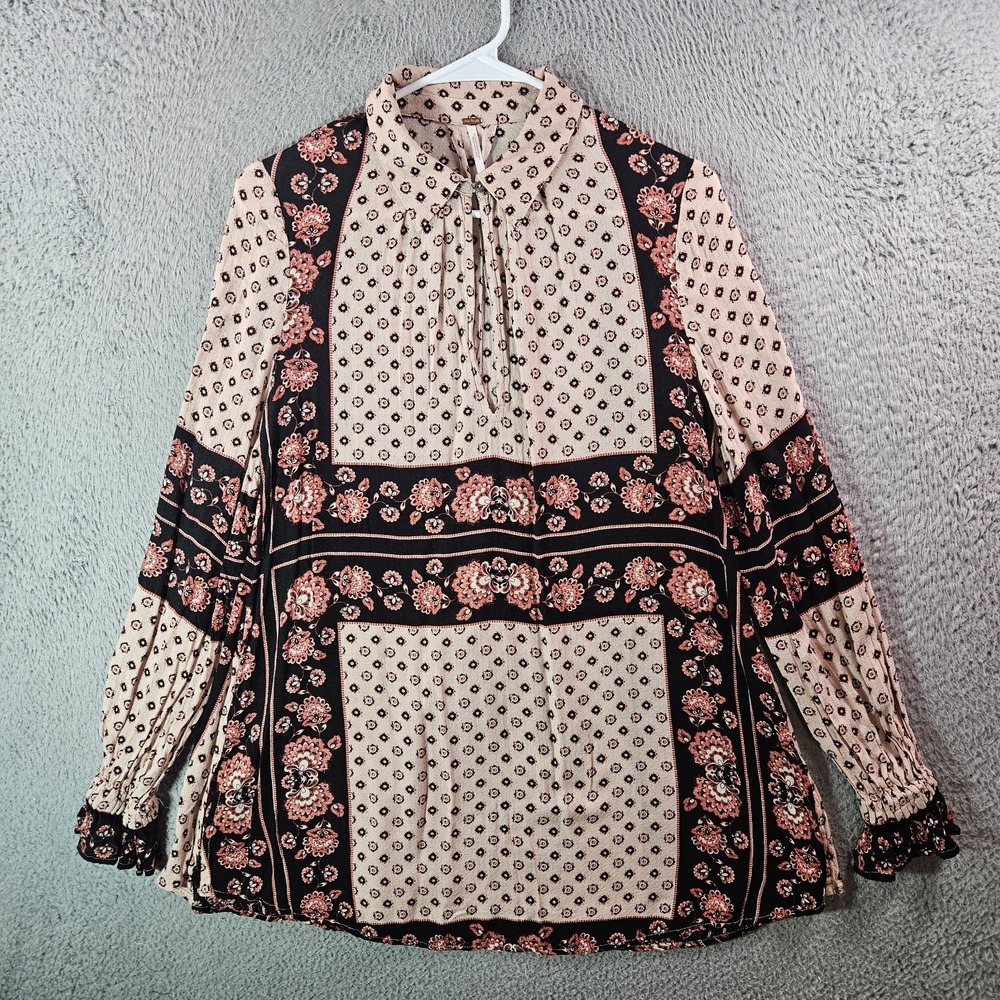 Free People Tunic Top Women XS Long Sleeve‎ Floral Print Brown Tone